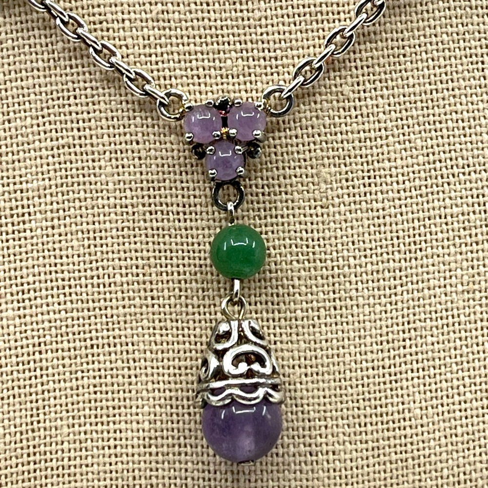 Vintage Sterling Silver Amethyst & Green Aventurine Drop Necklace